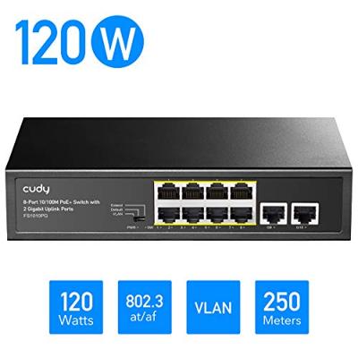 Cudy FS1010PG 8-poorts PoE + switch met 2 Gigabit uplinkpoorten 120 W, 8 * 10/100 Mbit/s PoE+ @ 120 W, Extend/VLAN-modus, 802.3af / at Standard, ventilatorloos, Watchdog, Plug & Play