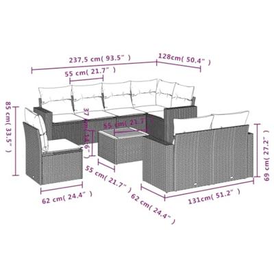 9-delige Loungeset met kussens poly rattan beige