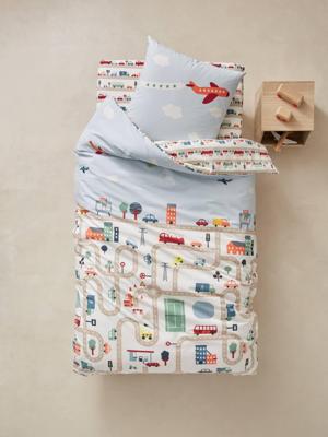 Set van kinderdekbedovertrek + kussensloop AUTO CITY print met autootjes Set van kinderdekbedovertrek + kussensloop AUTO CITY print met autootjes
