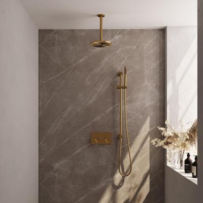 Gold Edition thermostatische inbouw regendouche set met drukknoppen en handdouche in goud geborsteld PVD Gold Edition thermostatische inbouw regendouche set met drukknoppen en handdouche in goud geborsteld PVD