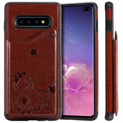 Voor Galaxy S10 plus Kat Bee reliëf patroon schokbestendige beschermende case met kaartsleuven & fotolijstjes (bruin)