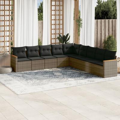 10-delige Loungeset met kussens poly rattan grijs
