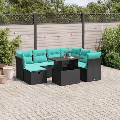 8-delige tuinbankset met kussens, zwart polyrotan