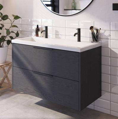 Saqu Lima badmeubel incl. glans witte wastafel met 2 kraangaten 100x52x64cm gebrand zwart - mat zwarte greep