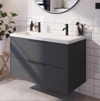 Saqu Lima badmeubel incl. glans witte wastafel met 2 kraangaten 100x52x64cm gebrand zwart - mat zwarte greep - thumbnail