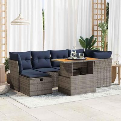7-delige Loungeset met kussens poly rattan acacia zwart