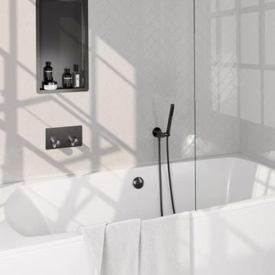 Brauer Stripe thermostatische inbouw badkraan met drukknoppen SET 03 met badvulcombinatie en staaf handdouche en doucheslang en wandaansluitbocht gunmetal geborsteld PVD