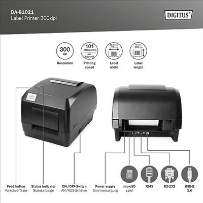 Digitus DA-81021 labelprinter Direct thermisch/Thermische overdracht 300 x 300 DPI 101,6 mm/sec Bedr Digitus DA-81021 labelprinter Direct thermisch/Thermische overdracht 300 x 300 DPI 101,6 mm/sec Bedr