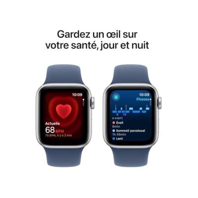 Apple Watch SE (2e gen.) GPS 40 mm Smartwatch - Kast van zilverkleurig aluminium - Denim sportbandje (S/M). Conditie en slaap bijhouden, ongelukdetectie, hartritme monitoren, Retina-display