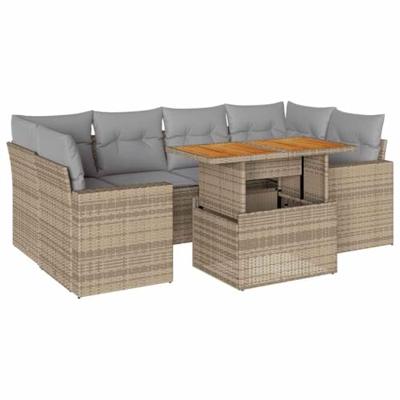 7-delige Loungeset met kussens poly rattan beige