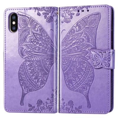 Butterfly Love bloemen reliëf horizontale Flip lederen case voor iPhone X met houder & kaartsleuven & portemonnee & Lanyard (licht paars)