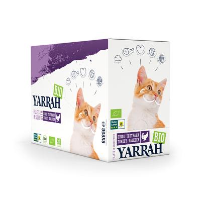 Yarrah Biologisch kattenvoer in saus, 14 x 85 g, gourmet filets in gelei met kalkoen, van 100% biologische teelt, zakje voor vochtige voeding voor alle volwassen kattenrassen