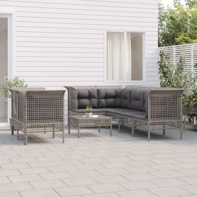 8-delige Loungeset met kussens poly rattan grijs