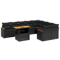 10-delige Loungeset met kussens poly rattan zwart - thumbnail