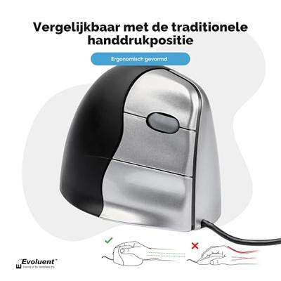 Evoluent VerticalMouse 3 Ergonomische muis USB Optisch Zwart, Zilver 5 Toetsen 2600 dpi Ergonomisch
