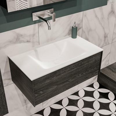 Mondiaz Lush Cloud badmeubel eiken Dark brown 80 cm 1 lade solid surface enkele spoelbak midden zonder kraangat