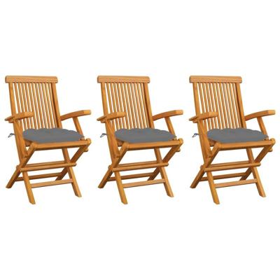 Tuinstoelen 3 st met grijze kussens massief teakhout