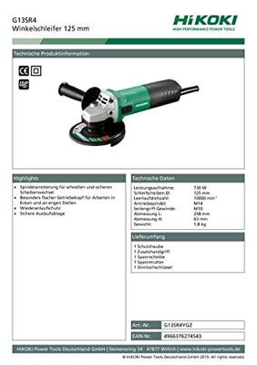 Hikoki | G13SR4YGZ Haakse slijpmachine | 230V | 730W | 125 mm | In doos - G13SR4YGZ