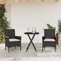 3-delige Bistroset met kussens poly rattan en glas zwart - thumbnail