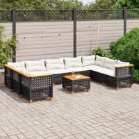 10-delige Loungeset met kussens poly rattan zwart - thumbnail
