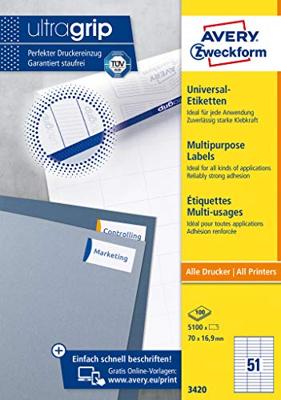 Avery-Zweckform 3420 Universele etiketten 70 x 16.9 mm Papier Wit 5100 stuk(s) Permanent hechtend Inkjet, Laser (zwart/wit), Laser (kleur), Kopiëren Avery-Zweckform 3420 Universele etiketten 70 x 16.9 mm Papier Wit 5100 stuk(s) Permanent hechtend Inkjet, Laser (zwart/wit), Laser (kleur), Kopiëren