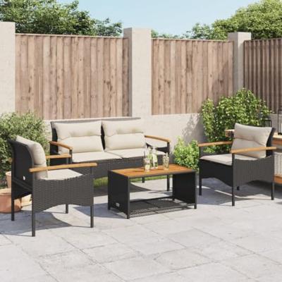 4-delige Loungeset met kussens poly rattan zwart 4-delige Loungeset met kussens poly rattan zwart
