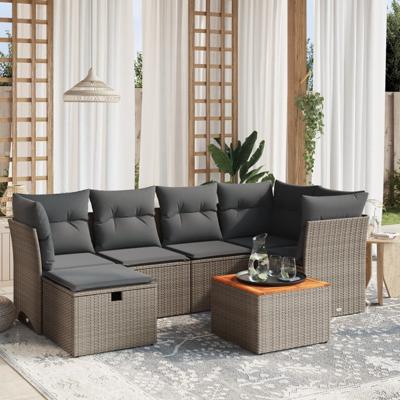 7-delige Loungeset met kussens poly rattan grijs - thumbnail