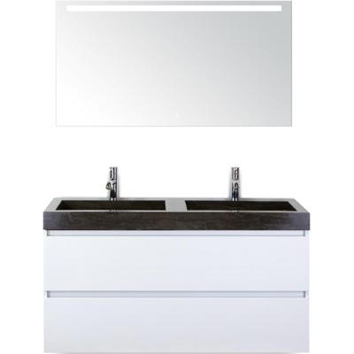 Maxx XL Badmeubelset 120 cm - Wit Hoogglans - Wastafel Lucca Dubbel 2 Kraangaten met LED Spiegel