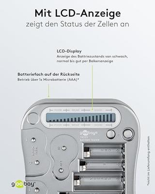 Goobay 78325 Batterijtester voor alle batterijen en accu's, batterijtester voor AAA/AA/C / 9V / D/N & 1,5 V knoopcel, batterijtestapparaat, lcd-display, grijs