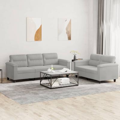 2-delige Loungeset met kussens microvezelstof lichtgrijs - thumbnail