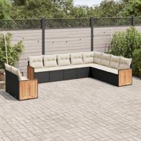 10-delige Loungeset met kussens poly rattan zwart - thumbnail