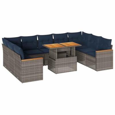 10-delige Loungeset met kussens poly rattan grijs