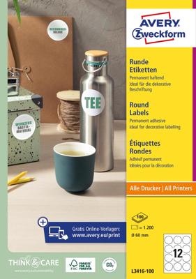 Avery-Zweckform L3416-100 Universele etiketten Ø 60 mm Papier Wit 1200 stuk(s) Permanent hechtend Inkjet, Laser (zwart/wit), Laser (kleur), Kopiëren