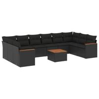 11-delige Loungeset met kussens poly rattan zwart - thumbnail