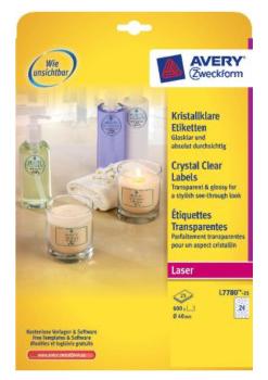 Avery transparante Crystal Clear etiketten diameter 40 mm, 600 etiketten, 24 per vel Avery transparante Crystal Clear etiketten diameter 40 mm, 600 etiketten, 24 per vel