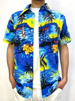 Heren Italiaans Zomers Overhemd - Korte Mouw - Palmprint - Open kraag - thumbnail
