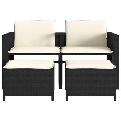 Tuinbank 2-zits met tafel en voetenbanken poly rattan zwart