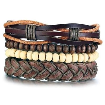 Leren armbanden Set Bruin Houten Kralen Leren armbanden Set Bruin Houten Kralen