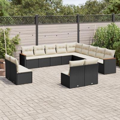 13-delige Loungeset met kussens poly rattan zwart