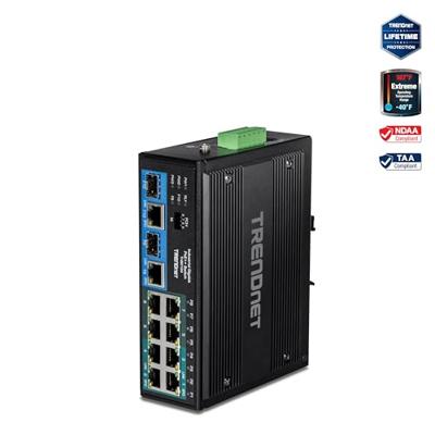TRENDnet TI-BG104 Industriële Gigabit PoE++ DIN-railschakelaar, onbeheerd met 10 poorten, 4 Gigabit PoE++-poorten, 4 Gigabit PoE-poorten, 2 Gigabit SFP- of RJ-45-poorten, 360 W vermogensbudget