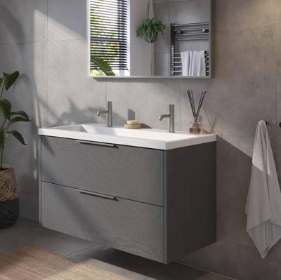 Saqu Lima badmeubel incl. mat witte wastafel met 2 kraangaten 100x52x64cm gebrand zwart - rvs greep