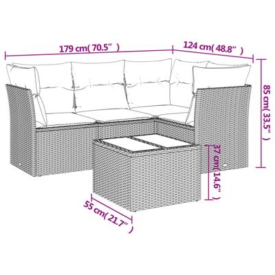 5-delige Loungeset met kussens poly rattan zwart