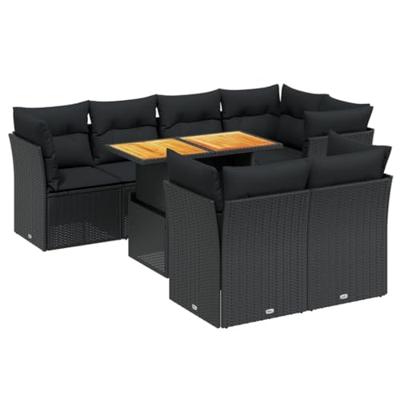 8-delige Loungeset met kussens poly rattan zwart