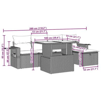 6-delige Loungeset met kussens poly rattan beige