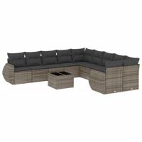 10-delige Loungeset met kussens poly rattan grijs - thumbnail
