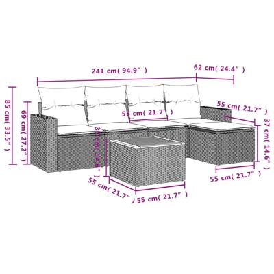 6-delige Loungeset met kussens poly rattan zwart - thumbnail