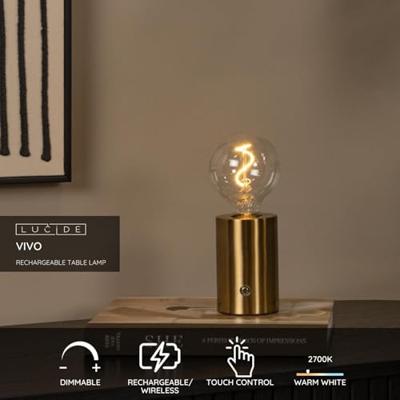 Lucide VIVO - Oplaadbare Tafellamp - Accu/Batterij - Ø 8 cm - LED Dimb. - E27 - 1x1W 2700K - Mat Goud / Messing