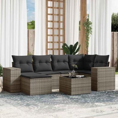 7-delige Loungeset met kussens poly rattan grijs