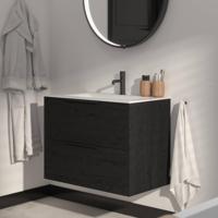 Saqu Lima badmeubel incl. mat witte keramische wastafel 80x46x61cm eiken zwart - mat zwarte greep - thumbnail