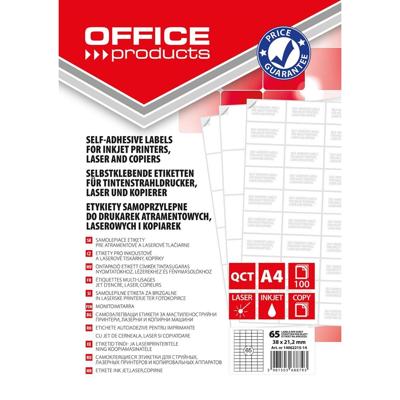 OFFICE products etiketten, wit, rechte hoeken, 100 vel, 38 x 21,2 mm, 65 etiketten per vel